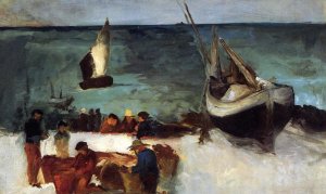 Main Product Photo of Berck Seascape: Fishing Boats and Fishermen Painting by Edouard Manet