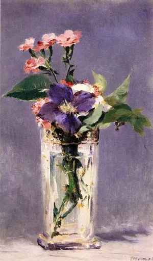Pinks and Clematis in a Crystal Vase by Edouard Manet - Hand-Painted Oil Painting Reproduction