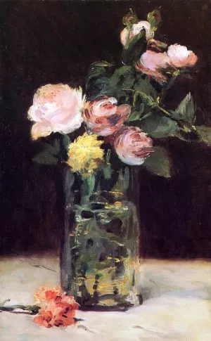 Roses in a Glass Vase by Edouard Manet - Hand-Painted Oil Painting Reproduction