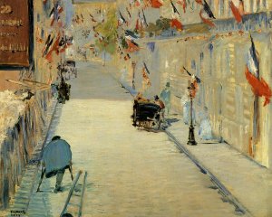 Main Product Photo of Rue Mosnier Decorated with Flags, with a Man on Crutches Painting by Edouard Manet