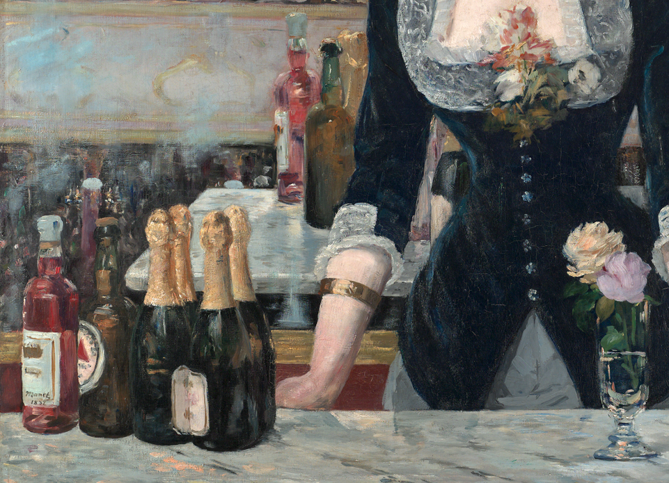 Detail of champagne bottles and the barmaid's arm with a gold bracelet in Manet's Bar at the Folies-Bergere