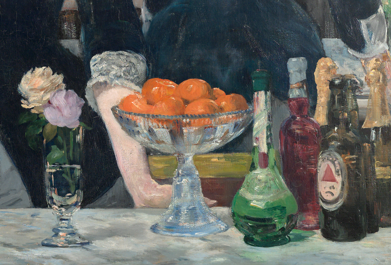 Detail of the orange bowl, glass of roses, and corsage in Manet's Bar at the Folies-Bergere